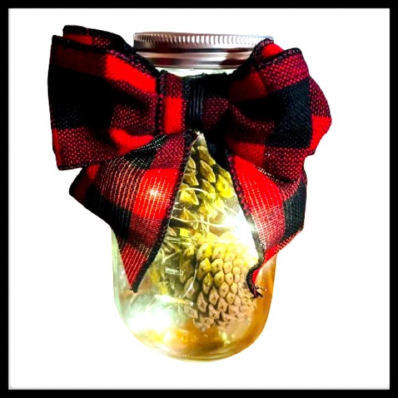 New* Rustic Farmhouse Decor Pinecone FairyLight Mason Jar Buffalo Plaid - Picture 2 of 12
